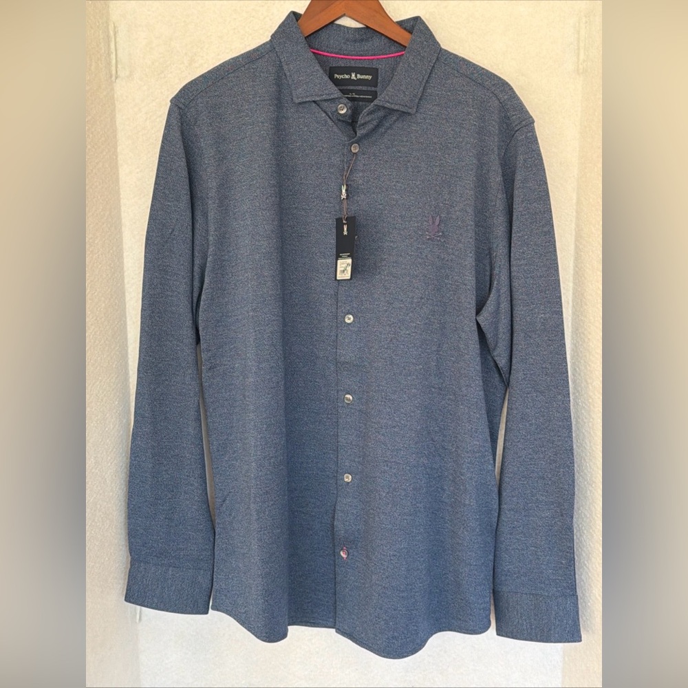 Psycho Bunny 7/XL Dalton Melange Knit Long Sleeve Button Shirt Blue Retail $138